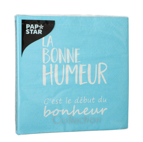 20 Servietten, 3-lagig 1/4-Falz 33 cm x 33 cm blau "La Bonne Humeur"