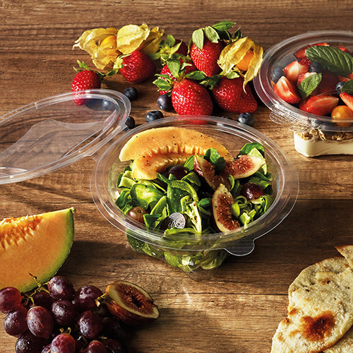 50 Feinkost- und Salatschalen mit Klappdeckel, R-PET rund 500 ml Ø 15,5 cm · 6,8 cm glasklar