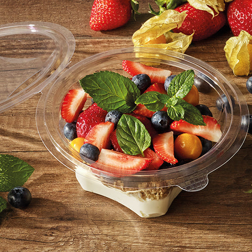 50 Feinkost- und Salatschalen mit Klappdeckel, R-PET rund 1000 ml Ø 18,5 cm · 7,8 cm glasklar