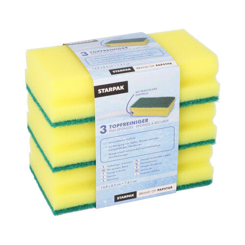 3 Topfreiniger, Schwamm Jumbo eckig 4,1 cm x 14,8 cm x 8,5 cm gelb/grün mit Griffrille, kratzend