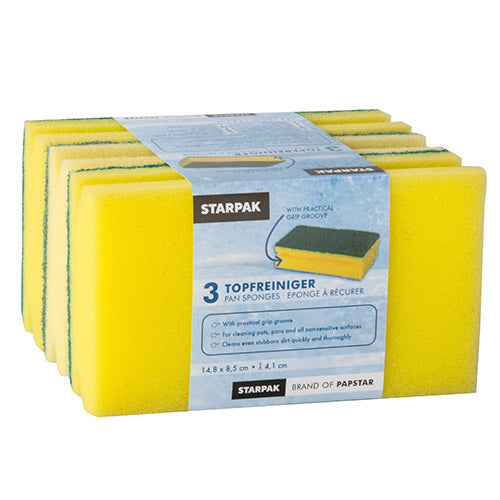 3 Topfreiniger, Schwamm Jumbo eckig 4,1 cm x 14,8 cm x 8,5 cm gelb/grün mit Griffrille, kratzend