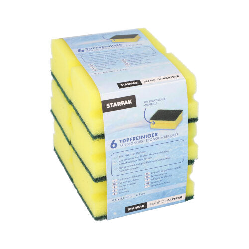 6 Topfreiniger, Schwamm eckig 4,1 cm x 9,5 cm x 6,8 cm gelb/grün mit Griffrille, kratzend