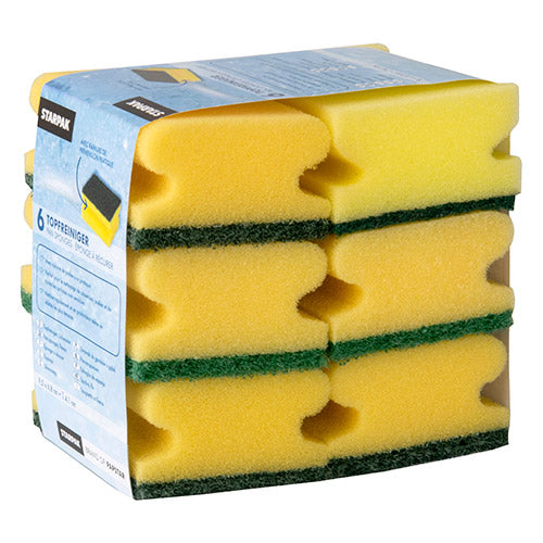 6 Topfreiniger, Schwamm eckig 4,1 cm x 9,5 cm x 6,8 cm gelb/grün mit Griffrille, kratzend