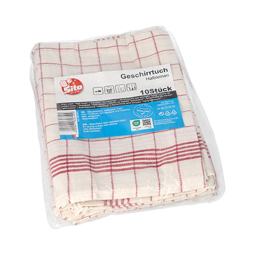 10 Geschirrtücher 70 cm x 50 cm weiss/rot "Halbleinen"