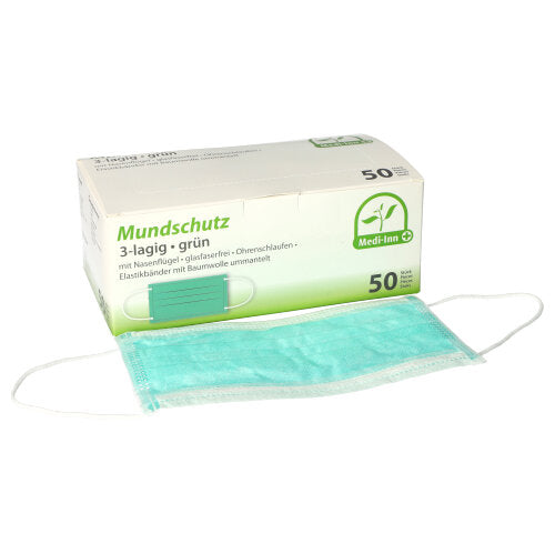 50 "Medi-Inn" Mundschutz Type II 3-lagig 9 cm x 17,5 cm grün mit Nasenbügel