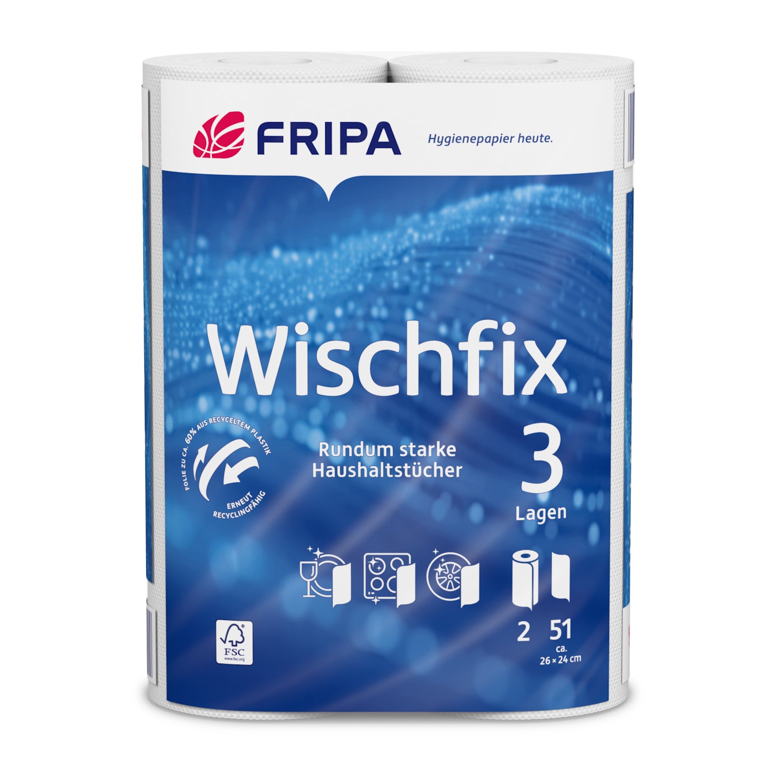 2 Rollen Küchenrollen 3-lagig 26 cm x 23,8 cm weiss "Wischfix" 51 Blatt