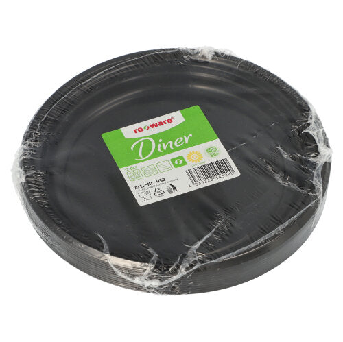 12 Mehrweg-Menü-Teller PP ungeteilt Ø 22 cm · 2,6 cm schwarz